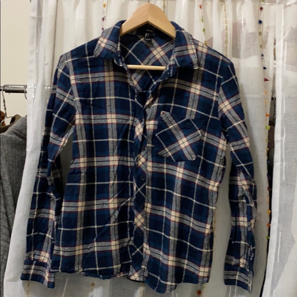 forever21 small plaid blue cream button down shirt